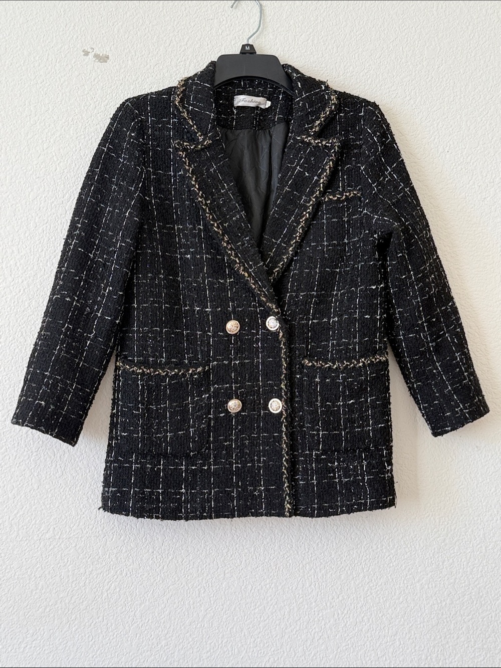 Black Tweed Double-Breasted Blazer with Contrast Trim